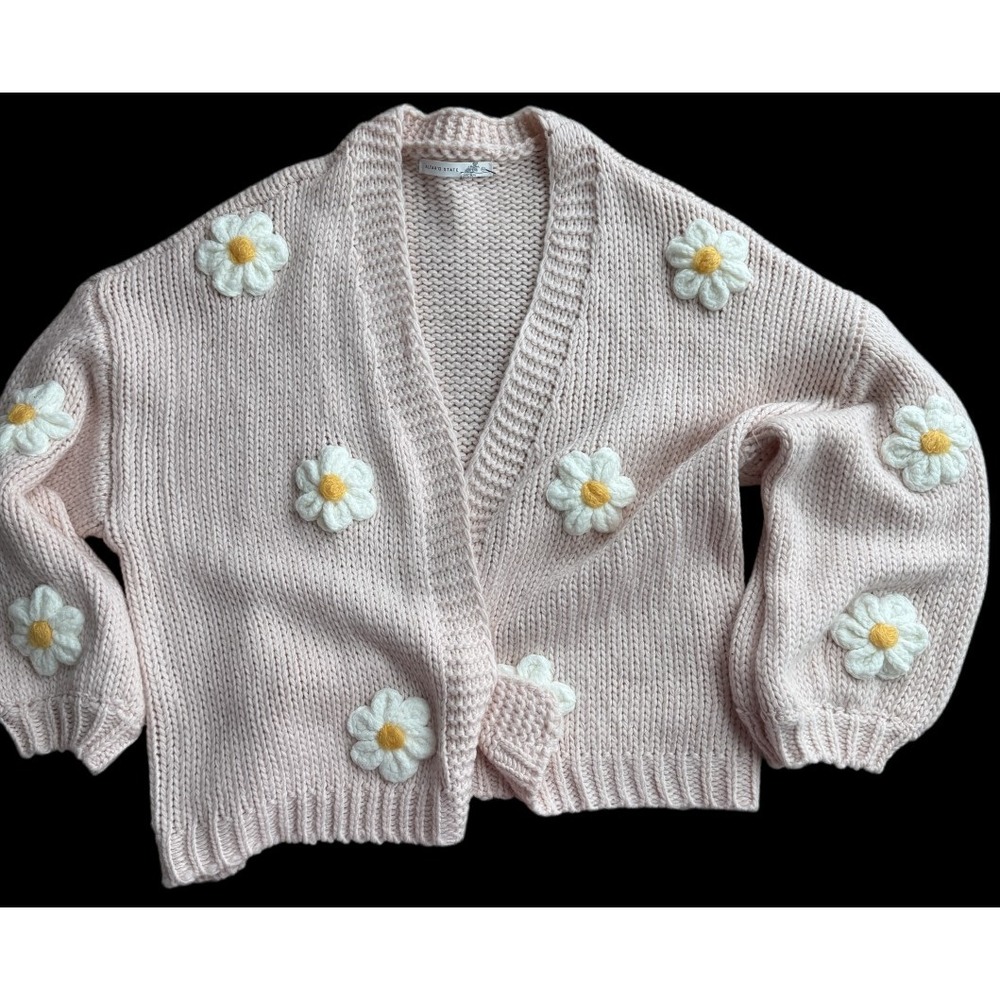 Altar'd State Daisy Flower Chunky Knit Open Front Cardigan Pink XL Coquette - Picture 2 of 10